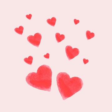 Set of watercolor hearts on a pink background