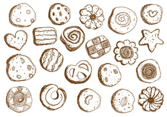 Set hand drawn cookies on white background