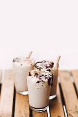 Cacao with whipped cream and chocolate, copy space