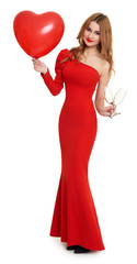 red dressed woman with heart shape balloon and wineglass on white