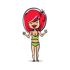 Vector full-length portrait of beautiful red-head lady. Cartoon