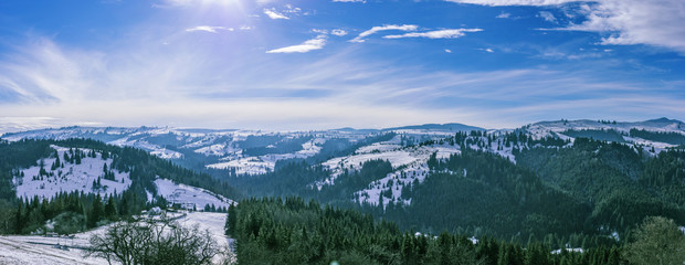 Sunny winter day in the Carpathian Mountains. Ukraine