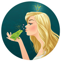 Vector illustration with beautiful lady kisses a frog