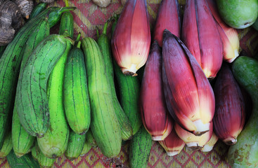 Fresh vegetables in Asian traditional street market. Healthy food background 