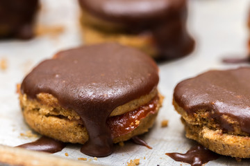 Macro shot of round chocolate homemade cookies