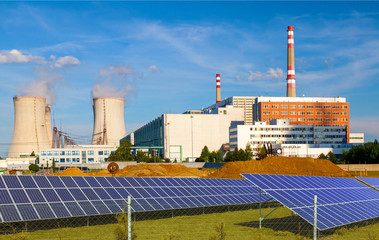 Nuclear power plant Temelin with solar panels in Czech Republic Europe