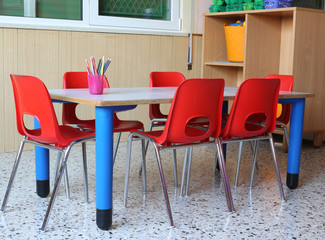 classroom of a kindergarten with red chairs and small school tab