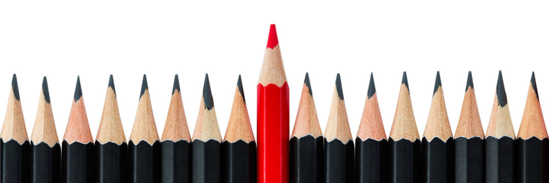 Row of black pencils with one red pencil in middle