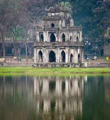 Hanoi landmark - Turtle tower in middle of lake