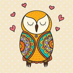 Obraz premium Color cute decorative ornamental Owl fall in love, vector doodle