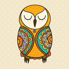 Cute decorative ornamental color Owl. Vector doodle illustration
