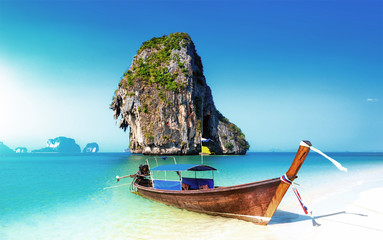 Scenic adventure background of amazing white sand beach on coast of tropical island in Thailand