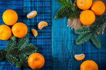 Orange tangerines with fir branches