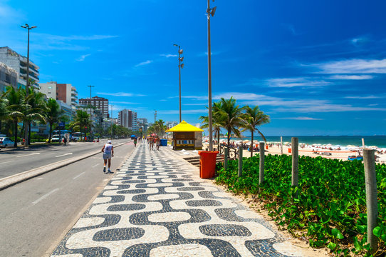 Ipanema beach with mosaic of sidewalk in Rio de Janeiro. Brazil