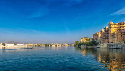 Waterfront city view of Udaipur in India from tourist boat - 99875908