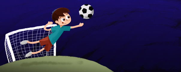 Dibujo de un niño parando un gol en una portería jugando al fútbol de noche. Está haciendo     deporte de noche. El balón vuela hacia sus manos. © malosdedos
