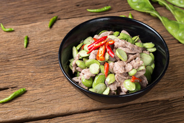 thai food Fired Parkia speciosa beans with Shrimp paste and pork (Pad Sa tor)
