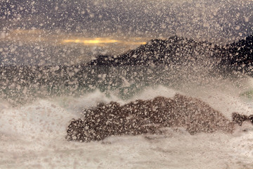 Waves splashing during a strong storm: Landscape of the French Riviera with violent winds and big spurts of water
