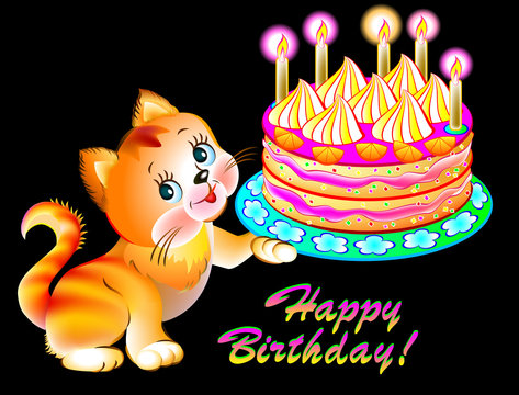 Greeting card with joyful kitten holding a cake, vector cartoon image.