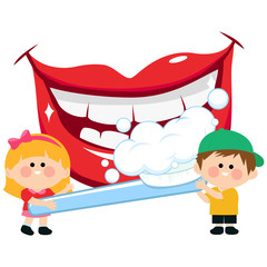 Children holding a toothbrush and brushing teeth. Vector illustration
