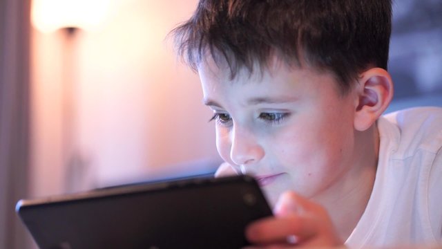 Happy Boy On Sofa Playing With Digital Tablet
