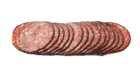Stack of multiple salami slices isolated