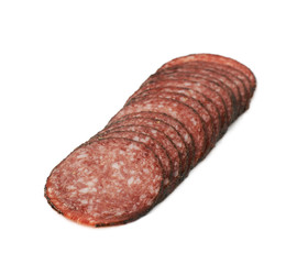 Stack of multiple salami slices isolated
