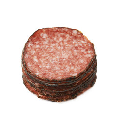 Pile of salami slices isolated