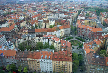 Fototapeta na wymiar PRAGUE, CZECH REPUBLIC - APRIL 28, 2013: View of Zizcov and Vinohrady districts from Zizkov Telecommunication Tower in Prague, Czech Republic