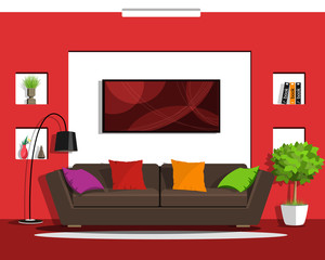 Cool graphic living room interior design with furniture. Flat style vector illustration