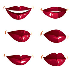 Set of vector sexy female red lips expressing different emotions