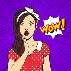 Vector pop art surprised woman face with open mouth and a WOW bu