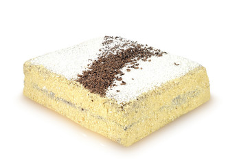Rectangular homemade cake with chocolate and coconuts isolated on white background