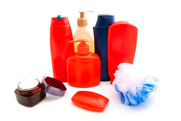 soap, cream and other toiletry on white