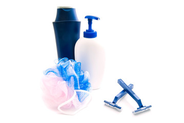 shower gel, blue razors and wisp