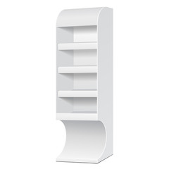 White POS POI Cardboard Floor Display Rack For Supermarket Blank Empty Displays With Shelves Products On White Background Isolated. Ready For Your Design. Product Packing. Vector EPS10 