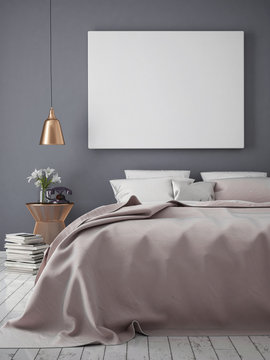 mock up blank poster on the wall of bedroom, 3D rendering