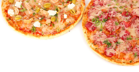 Two delicious tasty pizzas, isolated on white