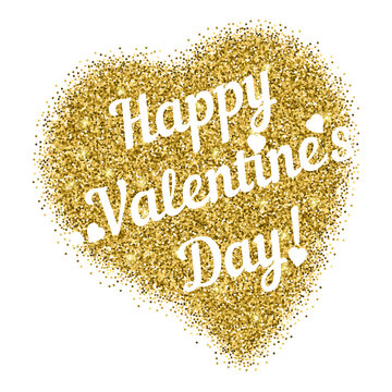 Shape of heart from golden glitter with lettering on Valentine's day in February 14 isolated on white background. Holiday postcard, festive logo for Valentine's day