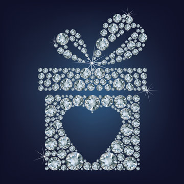 Valentine's day concept illustration of gift present with heart symbol made up a lot of diamonds on the black background