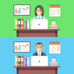 Office workers web banners. Man and woman employees at work. Vector flat illustration