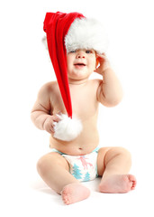 Cute baby with Santa Claus hat isolated on white background