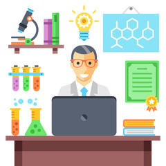 Scientist in chemistry laboratory at work. Modern flat vector illustration and flat icons set