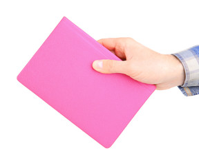 Man hand holding book, isolated on white