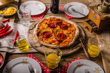 Rustic salami pizza with chorizo