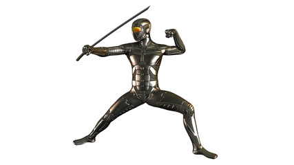 Cyber ninja warrior with katana sword isolated on white background