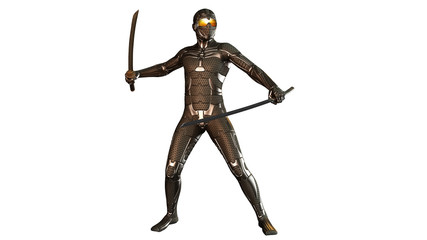 Ninja in bulletproof armor fighting with two katana swords, warrior isolated on white background