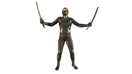 Sci-Fi Ninja with katana swords in victory pose wearing armor, warrior isolated on white background