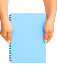 Obraz premium Woman hand holding blue blank paper isolated on white background.