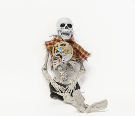 Fototapeta premium Hybrid human skeleton with mechanical old vintage technology gears and parts isolated on light grey background